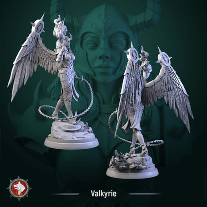 Render of Valkyrie | 32-75mm Fantasy Female Winged Warrior Miniature: Winged female warrior with a flaming brand and chained blade, from White Werewolf's Sacred Few release. 32mm and 75mm 3D printed resin miniature.