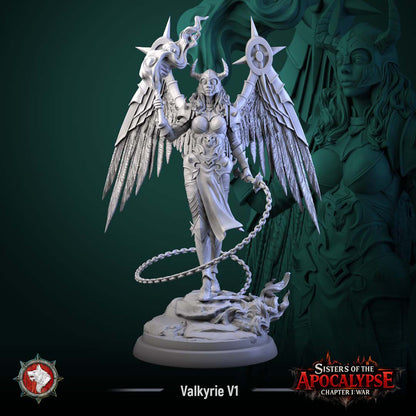 Valkyrie raising a winged mace overhead, a spiked chain looping at her side, wings and horned helm spread wide