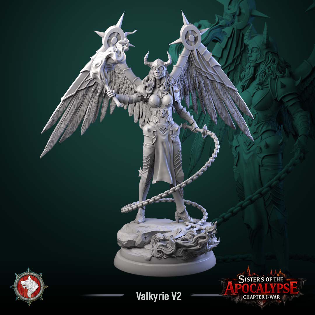 Valkyrie holding both winged war-maces high, a spiked chain coiling around her feet