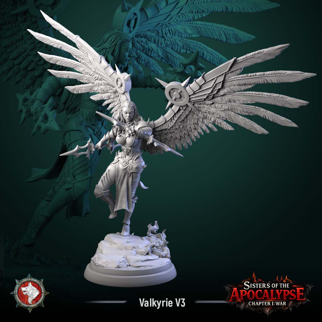 Valkyrie lunging with twin bladed daggers crossed, her broad feathered wings flared behind her