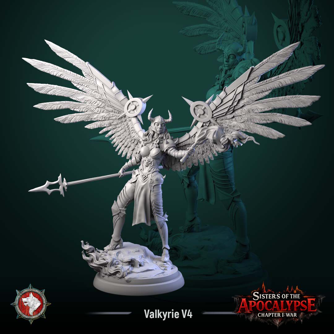 Valkyrie striding forward with a spear swept low in one hand, wings spread