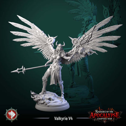 Valkyrie striding forward with a spear swept low in one hand, wings spread
