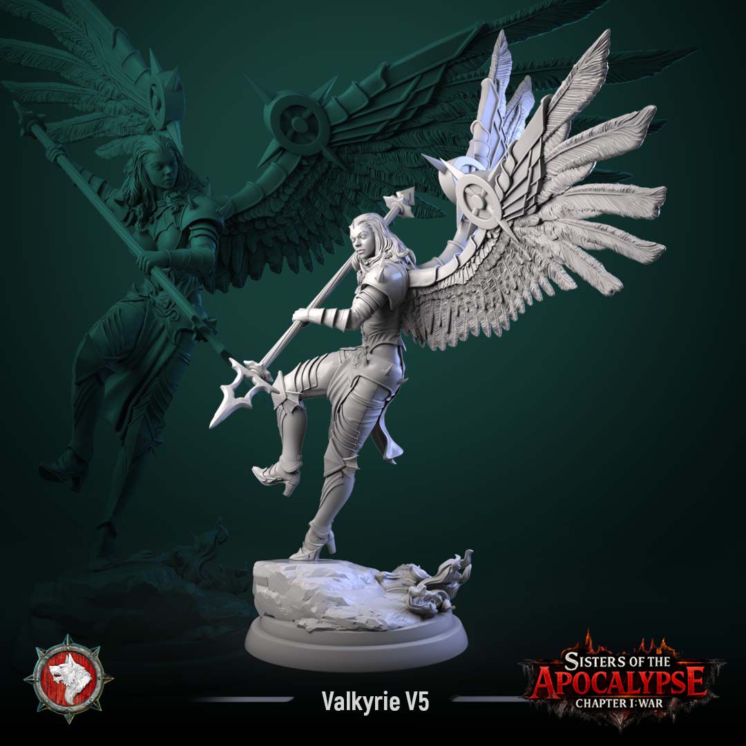 Valkyrie in a low spinning crouch, gripping a spear in both hands with wings sweeping behind