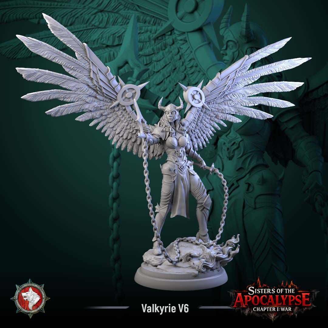 Valkyrie holding a long spiked chain draped between both hands, wings raised high