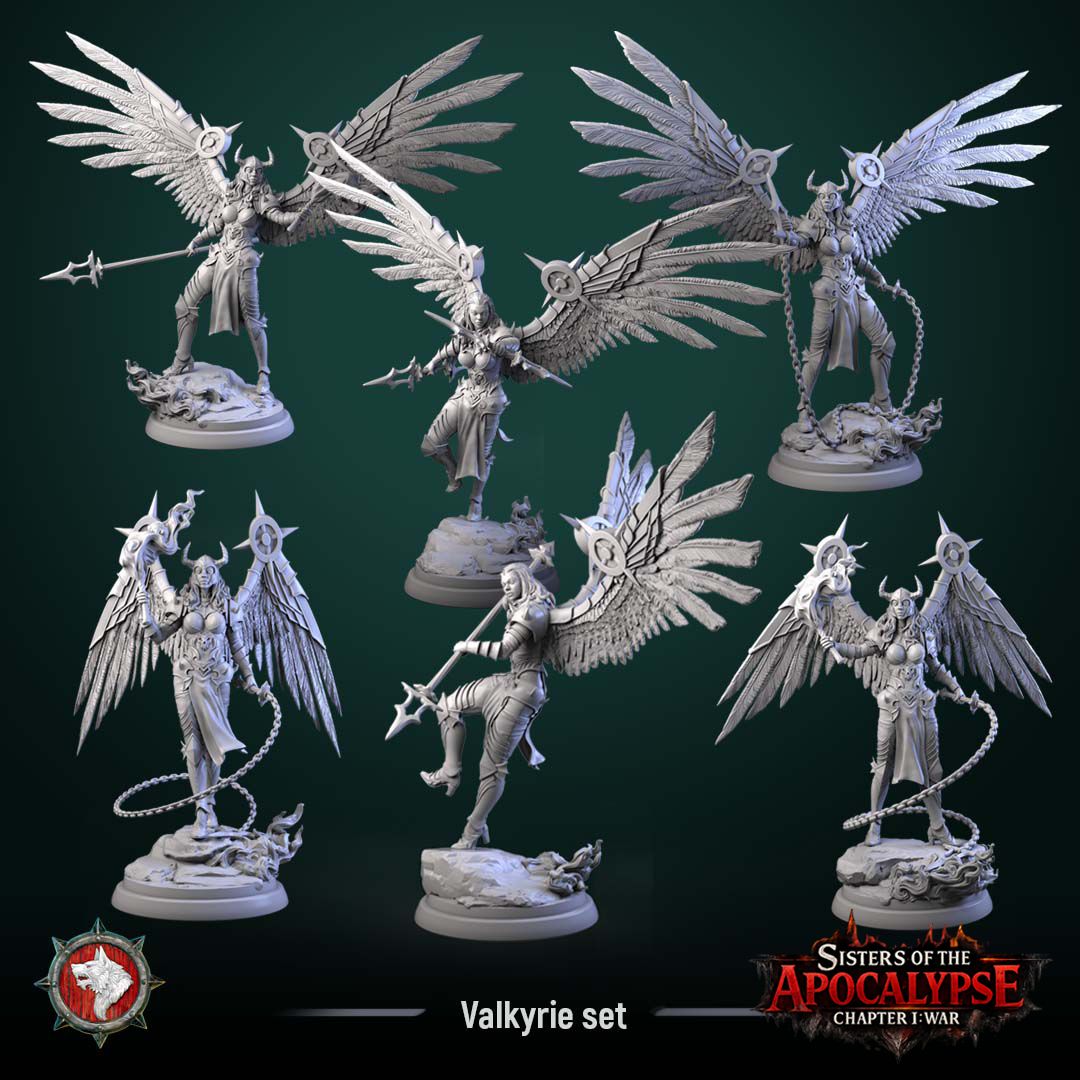 Group shot of all six Valkyries, horned female warriors with great feathered mechanical wings, armed with maces, spears, and spiked chains on round bases