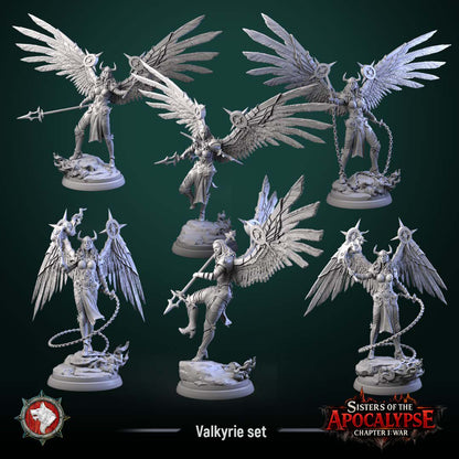 Group shot of all six Valkyries, horned female warriors with great feathered mechanical wings, armed with maces, spears, and spiked chains on round bases