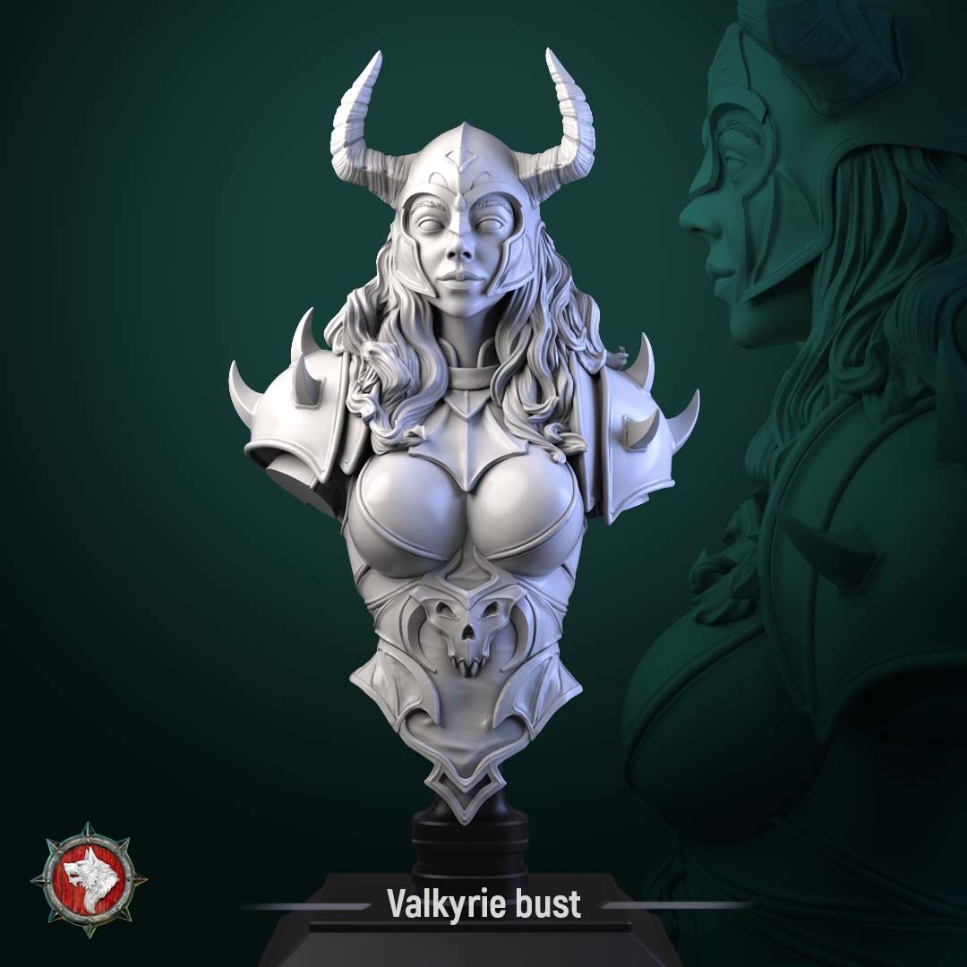 Render of Valkyrie Bust | Fantasy Female Warrior Display Bust: A display bust of the winged Valkyrie from White Werewolf's Sacred Few release, with horned helm and armored bodice. Dark-fantasy 3D printed resin bust.