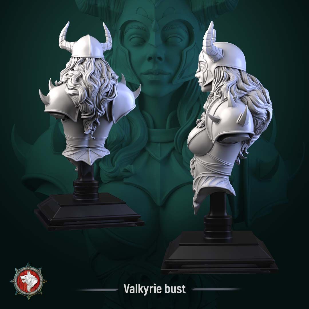 Render of Valkyrie Bust | Fantasy Female Warrior Display Bust: A display bust of the winged Valkyrie from White Werewolf's Sacred Few release, with horned helm and armored bodice. Dark-fantasy 3D printed resin bust.