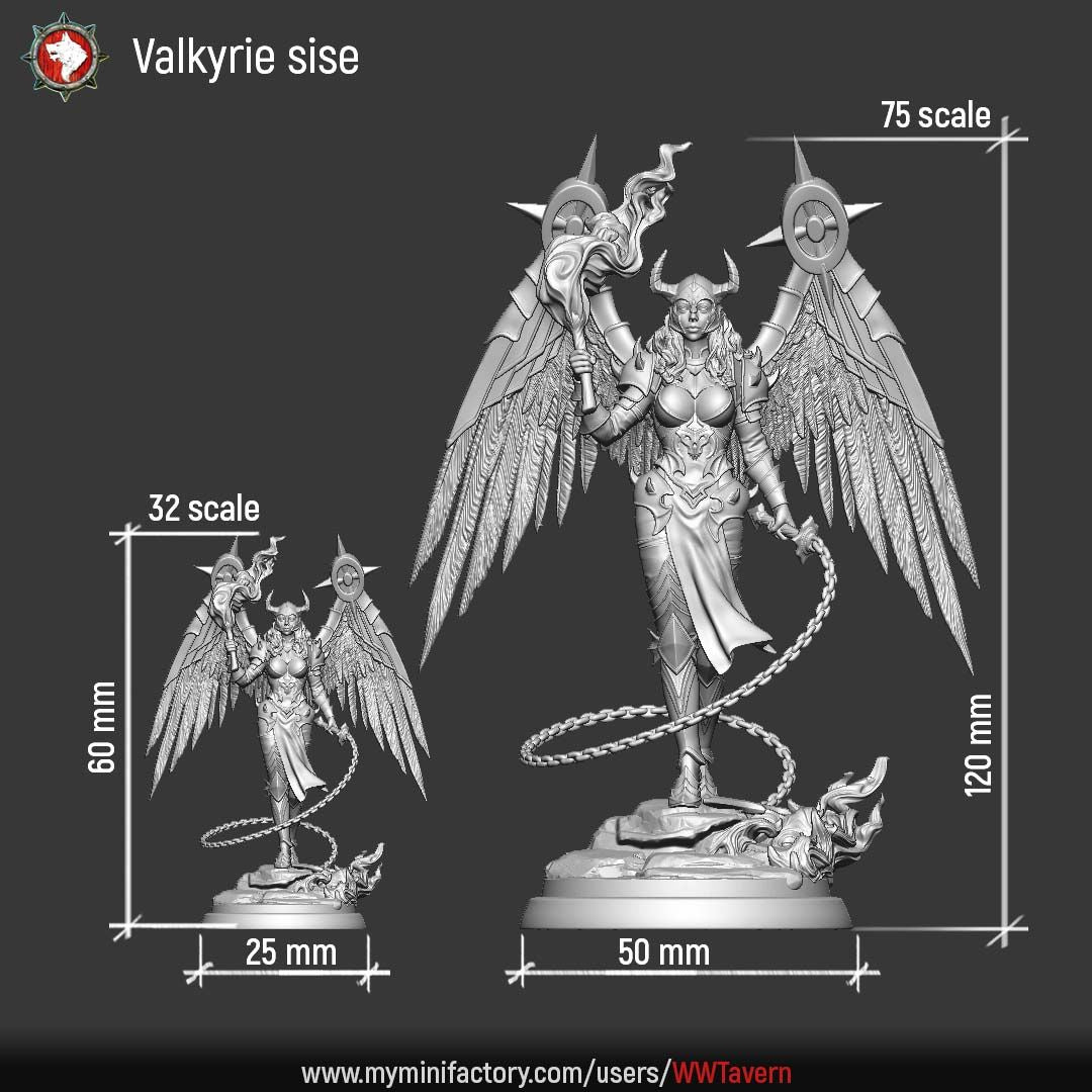 Render of Valkyrie | 32-75mm Fantasy Female Winged Warrior Miniature: Winged female warrior with a flaming brand and chained blade, from White Werewolf's Sacred Few release. 32mm and 75mm 3D printed resin miniature.