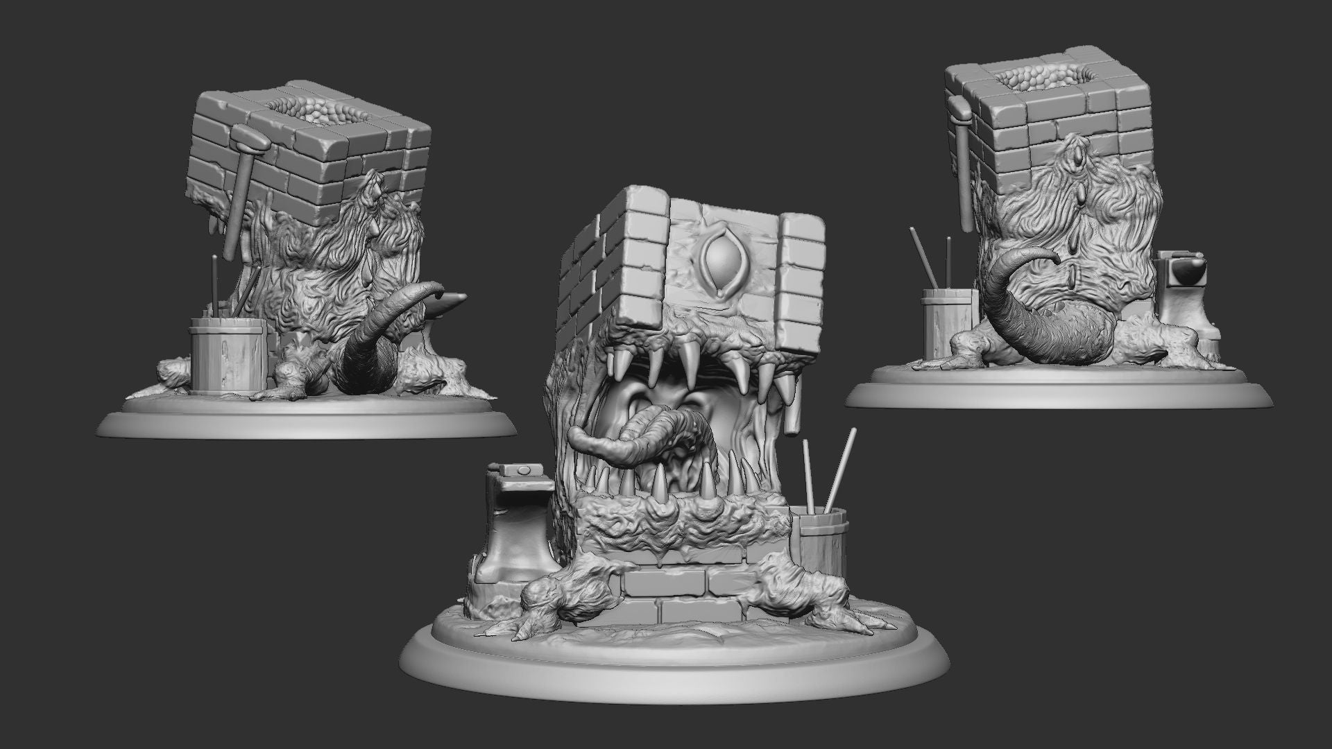 Render of Vault Spawn | 32mm Wall Mimic Miniature: Brick vault-corner mimic with fanged maw and clawed forelegs, from White Werewolf's Gilded Wrath. 32mm 3D printed resin monster miniature.