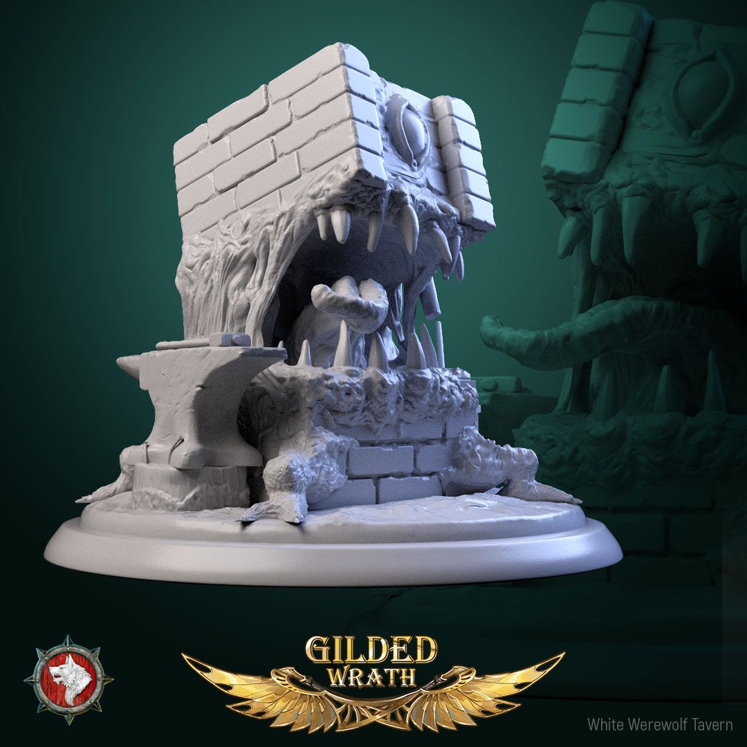 Render of Vault Spawn | 32mm Wall Mimic Miniature: Brick vault-corner mimic with fanged maw and clawed forelegs, from White Werewolf's Gilded Wrath. 32mm 3D printed resin monster miniature.
