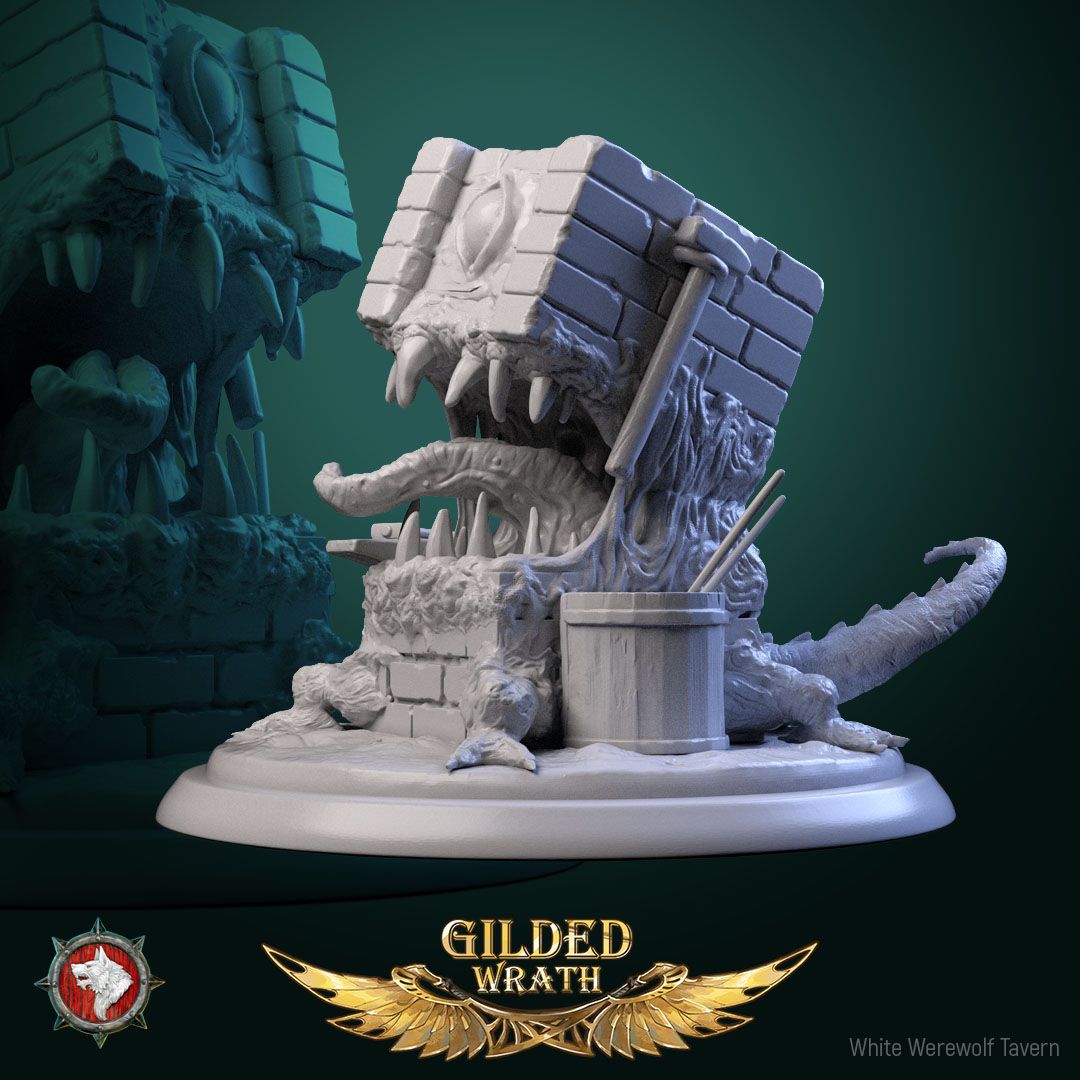 Render of Vault Spawn | 32mm Wall Mimic Miniature: Brick vault-corner mimic with fanged maw and clawed forelegs, from White Werewolf's Gilded Wrath. 32mm 3D printed resin monster miniature.