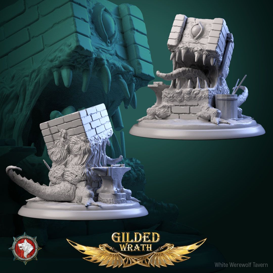 Render of Vault Spawn | 32mm Wall Mimic Miniature: Brick vault-corner mimic with fanged maw and clawed forelegs, from White Werewolf's Gilded Wrath. 32mm 3D printed resin monster miniature.
