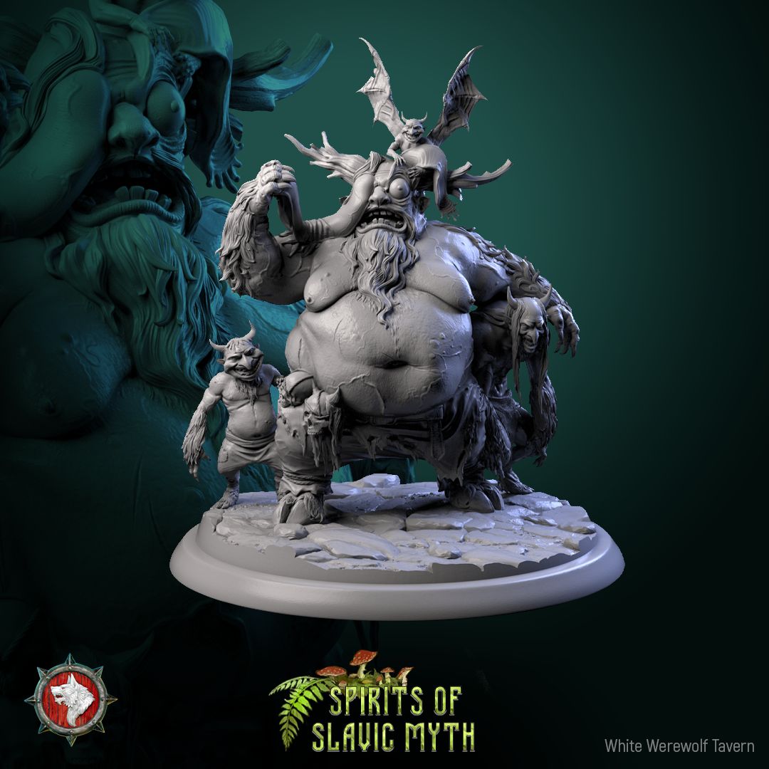 Render of Viy | 32-75mm Slavic Horror Monster Miniature: Bloated bearded Viy raising its eyelid, attended by three horned imps, from White Werewolf's Spirits of Slavic Myth. 32-75mm 3D printed resin monster.