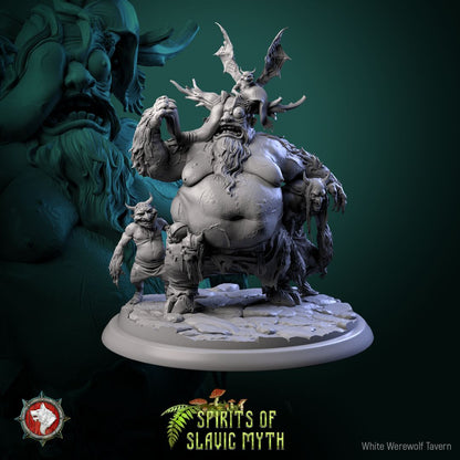 Render of Viy | 32-75mm Slavic Horror Monster Miniature: Bloated bearded Viy raising its eyelid, attended by three horned imps, from White Werewolf's Spirits of Slavic Myth. 32-75mm 3D printed resin monster.