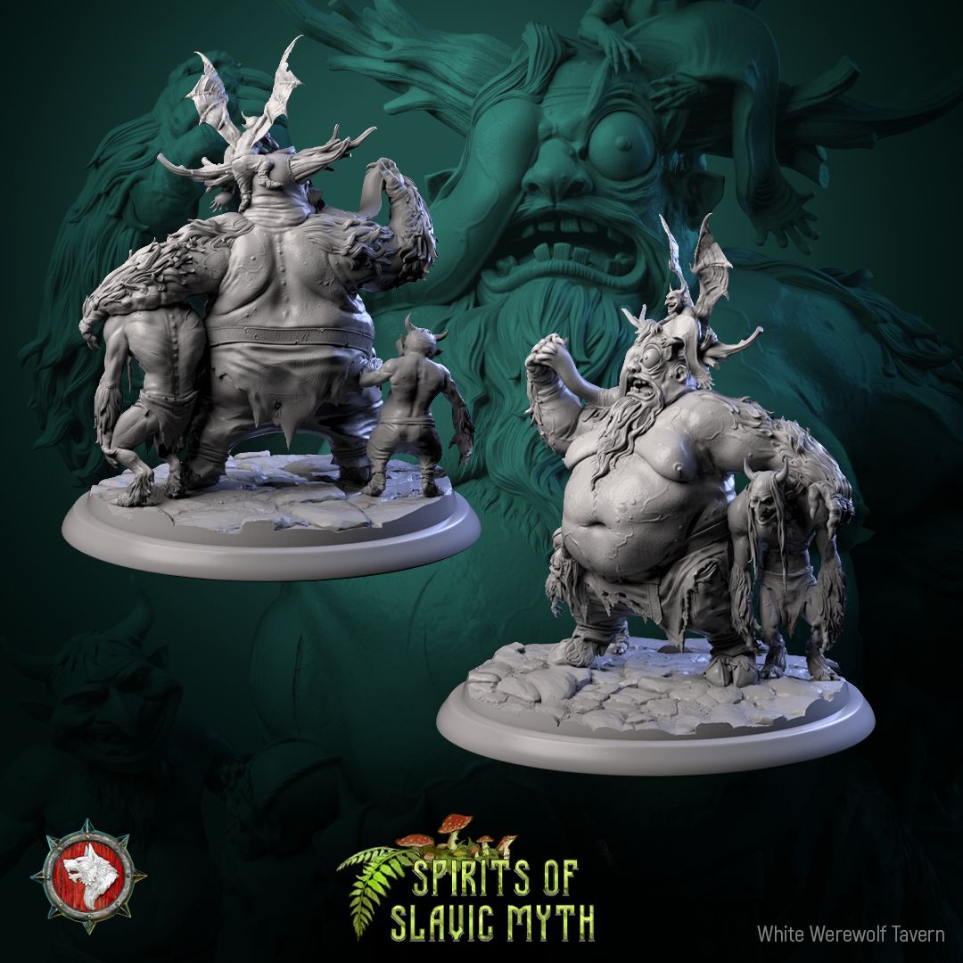 Render of Viy | 32-75mm Slavic Horror Monster Miniature: Bloated bearded Viy raising its eyelid, attended by three horned imps, from White Werewolf's Spirits of Slavic Myth. 32-75mm 3D printed resin monster.