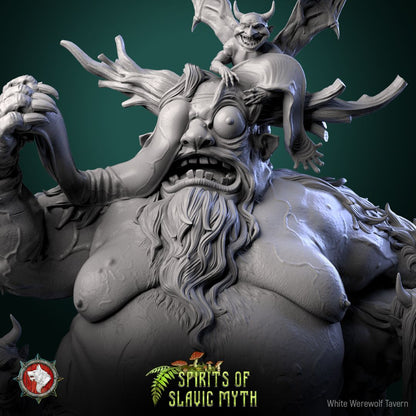 Render of Viy | 32-75mm Slavic Horror Monster Miniature: Bloated bearded Viy raising its eyelid, attended by three horned imps, from White Werewolf's Spirits of Slavic Myth. 32-75mm 3D printed resin monster.