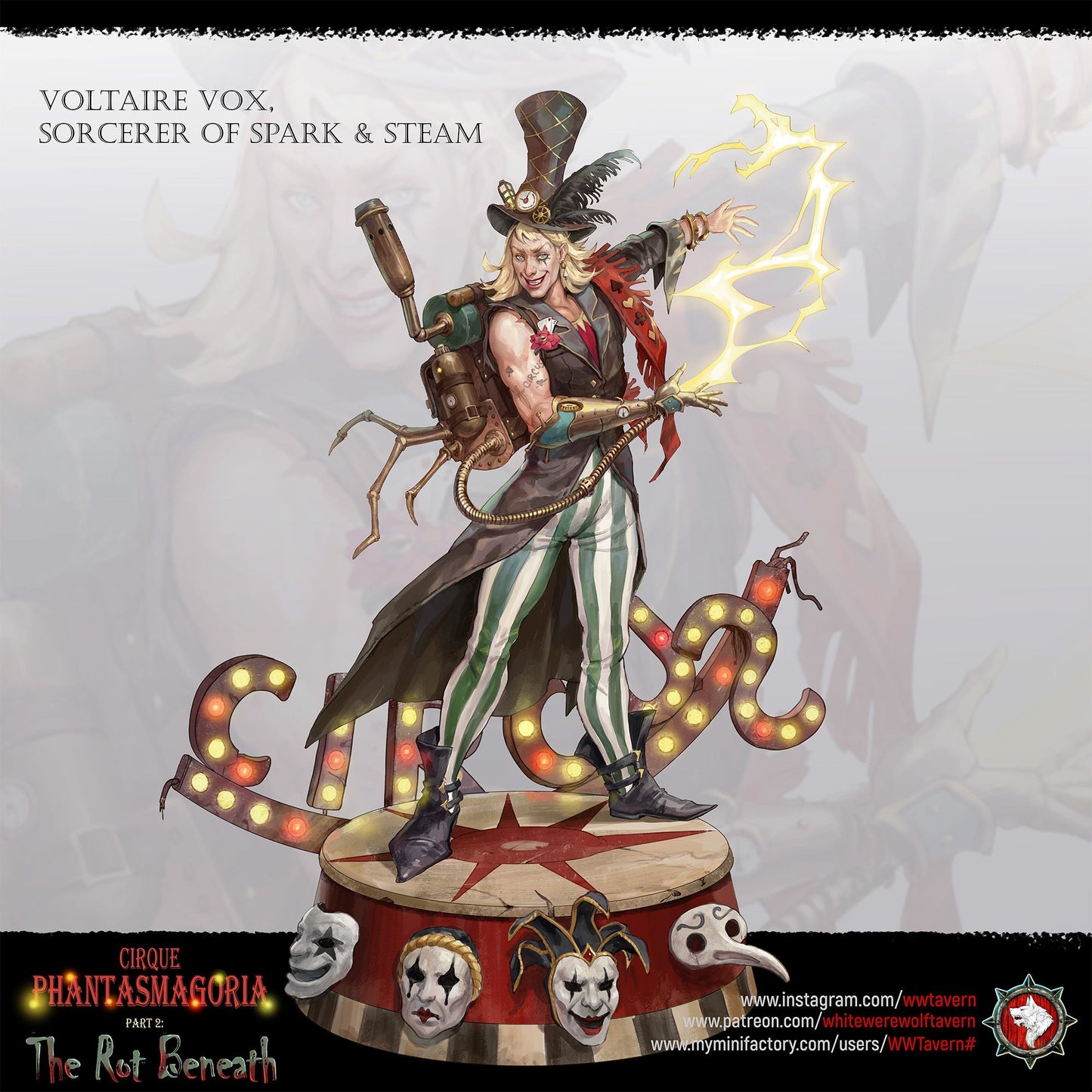 Render of Voltaire Vox | 32-75mm Steampunk Sorcerer Miniature: Showman sorcerer with spider-limb spark rig and lightning arc on a circus marquee round, from White Werewolf's The Rot Beneath. 32-75mm resin miniature.
