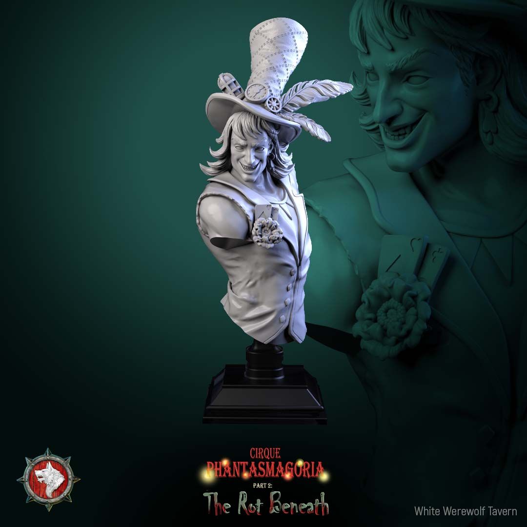 Render of Voltaire Vox Bust | Dark Circus Collector Bust: Grinning showman sorcerer bust in geared top hat with boutonniere, from White Werewolf's The Rot Beneath dark circus. 3D printed resin collector bust.