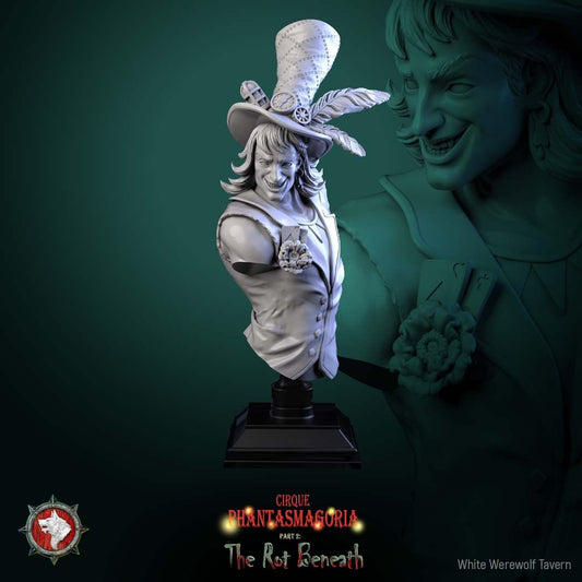 Render of Voltaire Vox Bust | Dark Circus Collector Bust: Grinning showman sorcerer bust in geared top hat with boutonniere, from White Werewolf's The Rot Beneath dark circus. 3D printed resin collector bust.