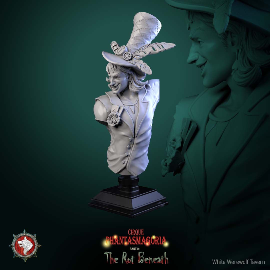 Render of Voltaire Vox Bust | Dark Circus Collector Bust: Grinning showman sorcerer bust in geared top hat with boutonniere, from White Werewolf's The Rot Beneath dark circus. 3D printed resin collector bust.