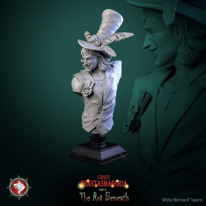 Render of Voltaire Vox Bust | Dark Circus Collector Bust: Grinning showman sorcerer bust in geared top hat with boutonniere, from White Werewolf's The Rot Beneath dark circus. 3D printed resin collector bust.