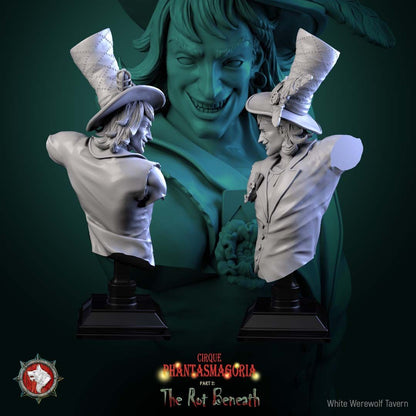 Render of Voltaire Vox Bust | Dark Circus Collector Bust: Grinning showman sorcerer bust in geared top hat with boutonniere, from White Werewolf's The Rot Beneath dark circus. 3D printed resin collector bust.