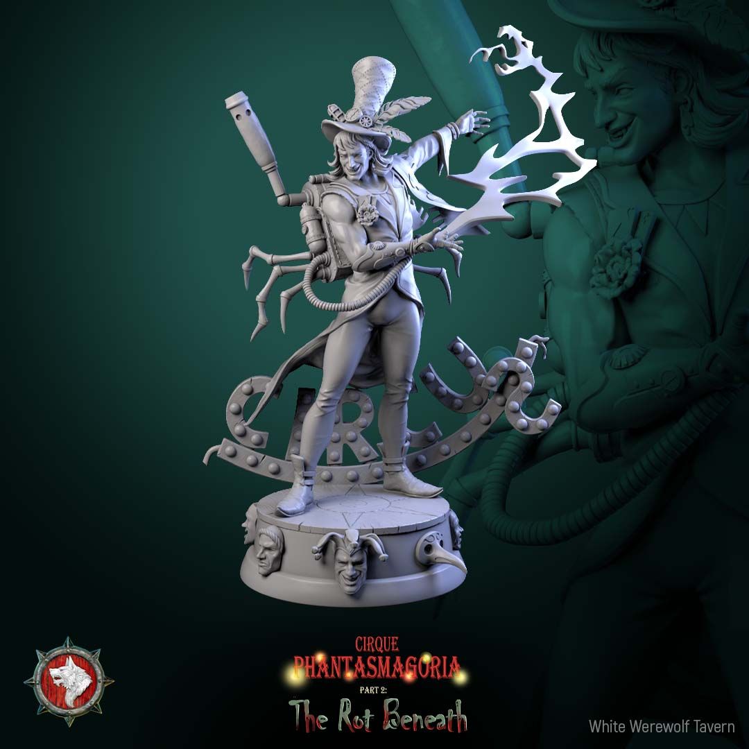 Render of Voltaire Vox | 32-75mm Steampunk Sorcerer Miniature: Showman sorcerer with spider-limb spark rig and lightning arc on a circus marquee round, from White Werewolf's The Rot Beneath. 32-75mm resin miniature.