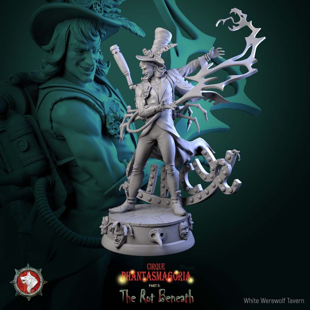 Render of Voltaire Vox | 32-75mm Steampunk Sorcerer Miniature: Showman sorcerer with spider-limb spark rig and lightning arc on a circus marquee round, from White Werewolf's The Rot Beneath. 32-75mm resin miniature.