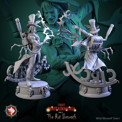 Render of Voltaire Vox | 32-75mm Steampunk Sorcerer Miniature: Showman sorcerer with spider-limb spark rig and lightning arc on a circus marquee round, from White Werewolf's The Rot Beneath. 32-75mm resin miniature.