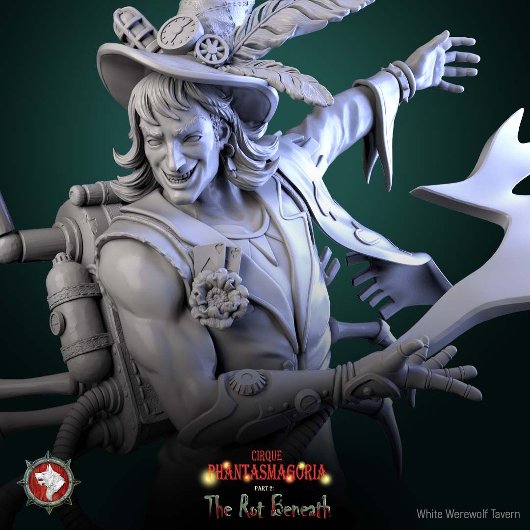 Render of Voltaire Vox | 32-75mm Steampunk Sorcerer Miniature: Showman sorcerer with spider-limb spark rig and lightning arc on a circus marquee round, from White Werewolf's The Rot Beneath. 32-75mm resin miniature.