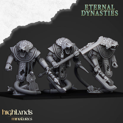 Three fantasy miniatures with intricate designs on a dark background, featuring the brand 'Highlands Miniatures'.