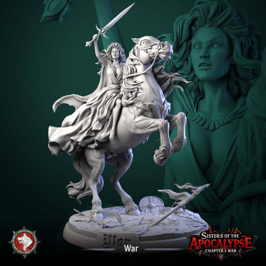 Render of War, Sister of the Apocalypse | 32-75mm Mounted Female Warrior: War, first rider of White Werewolf's Sisters of the Apocalypse, a mounted female warrior on a rearing steed. 32-75mm 3D printed resin miniature.