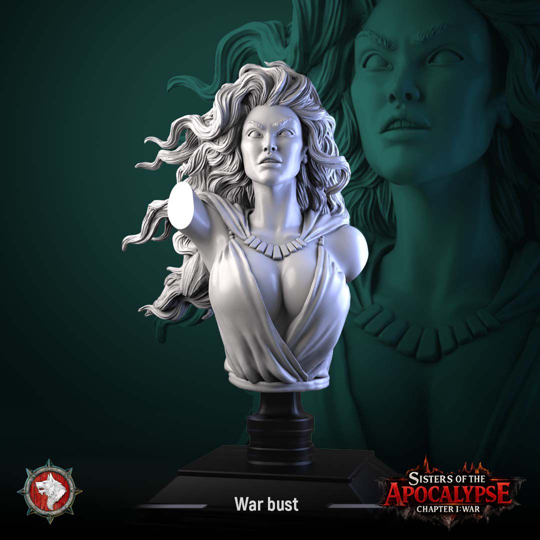 Render of War Bust | Fantasy Female Warrior Pin-Up Bust: A display bust of War, the striking red-haired female warrior of White Werewolf's Sisters of the Apocalypse. Dark-fantasy 3D printed resin pin-up bust.