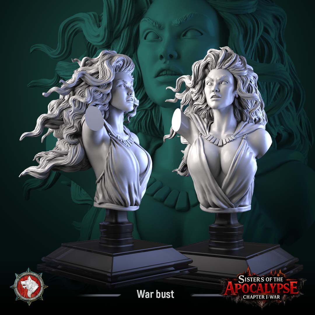 Render of War Bust | Fantasy Female Warrior Pin-Up Bust: A display bust of War, the striking red-haired female warrior of White Werewolf's Sisters of the Apocalypse. Dark-fantasy 3D printed resin pin-up bust.