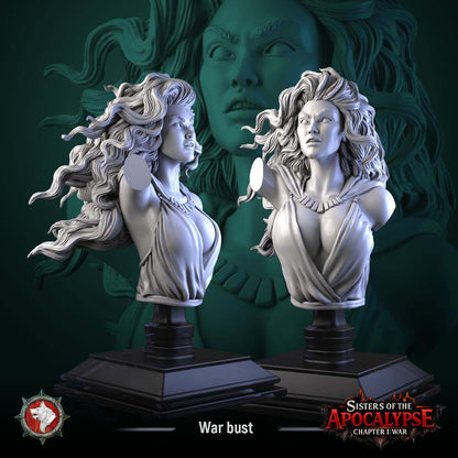 Render of War Bust | Fantasy Female Warrior Pin-Up Bust: A display bust of War, the striking red-haired female warrior of White Werewolf's Sisters of the Apocalypse. Dark-fantasy 3D printed resin pin-up bust.