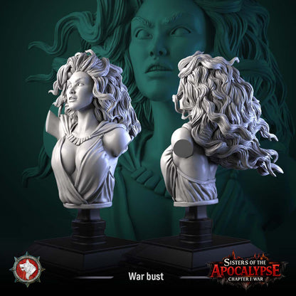 Render of War Bust | Fantasy Female Warrior Pin-Up Bust: A display bust of War, the striking red-haired female warrior of White Werewolf's Sisters of the Apocalypse. Dark-fantasy 3D printed resin pin-up bust.