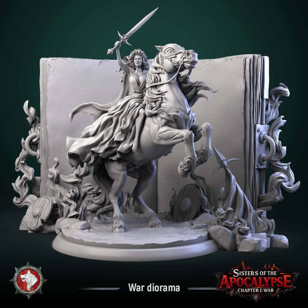 Render of War and the Eternal Tome Diorama | 32-75mm Dark Fantasy Centerpiece: War and the Eternal Tome, a dark-fantasy display diorama from White Werewolf's Sisters of the Apocalypse. 3D printed resin centerpiece, 32mm and 75mm.