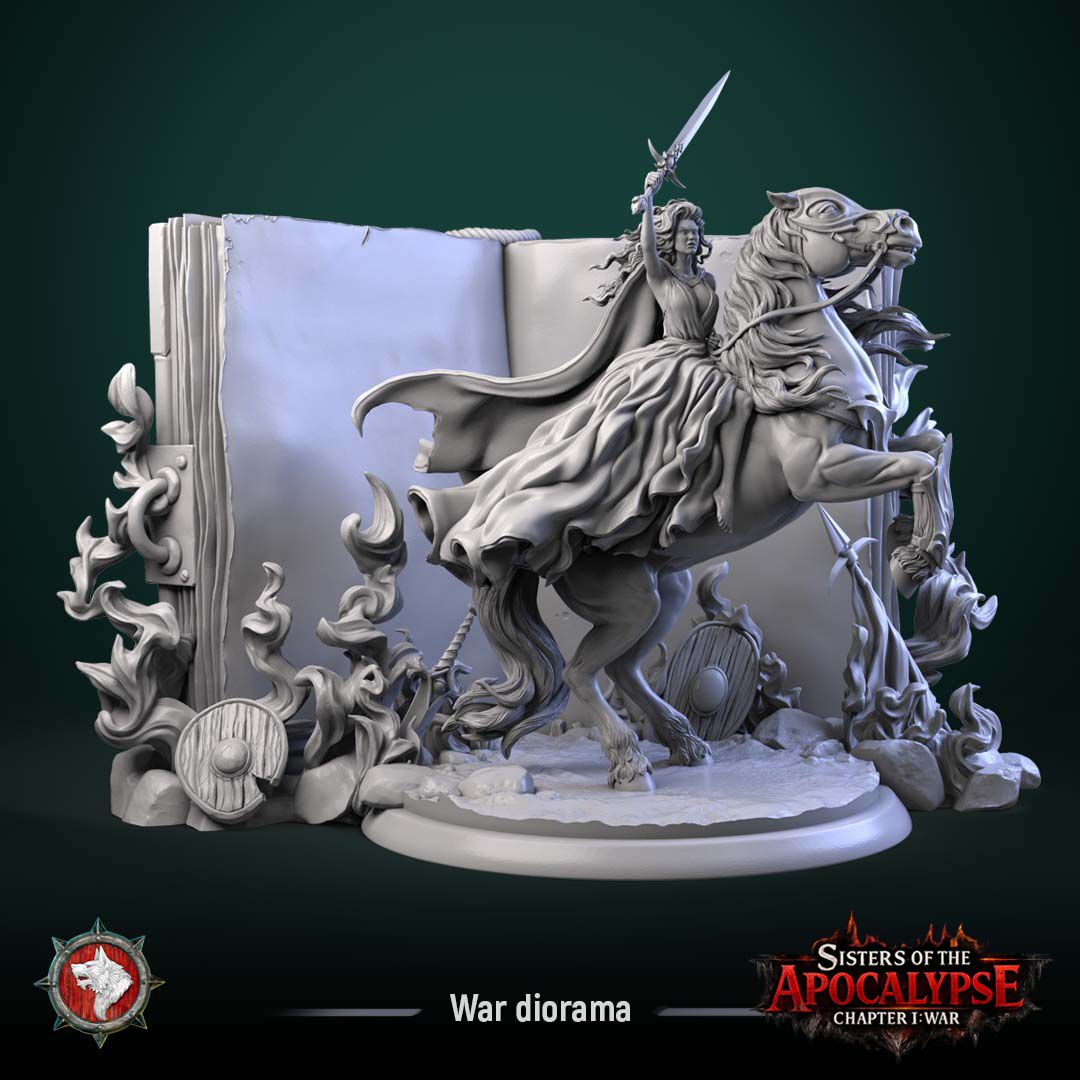 Render of War and the Eternal Tome Diorama | 32-75mm Dark Fantasy Centerpiece: War and the Eternal Tome, a dark-fantasy display diorama from White Werewolf's Sisters of the Apocalypse. 3D printed resin centerpiece, 32mm and 75mm.