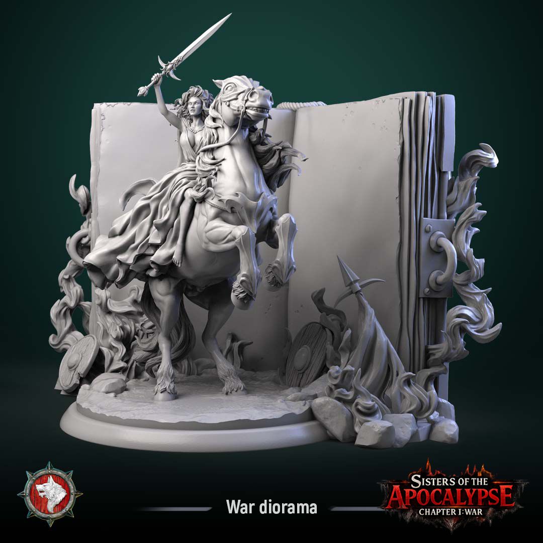 Render of War and the Eternal Tome Diorama | 32-75mm Dark Fantasy Centerpiece: War and the Eternal Tome, a dark-fantasy display diorama from White Werewolf's Sisters of the Apocalypse. 3D printed resin centerpiece, 32mm and 75mm.