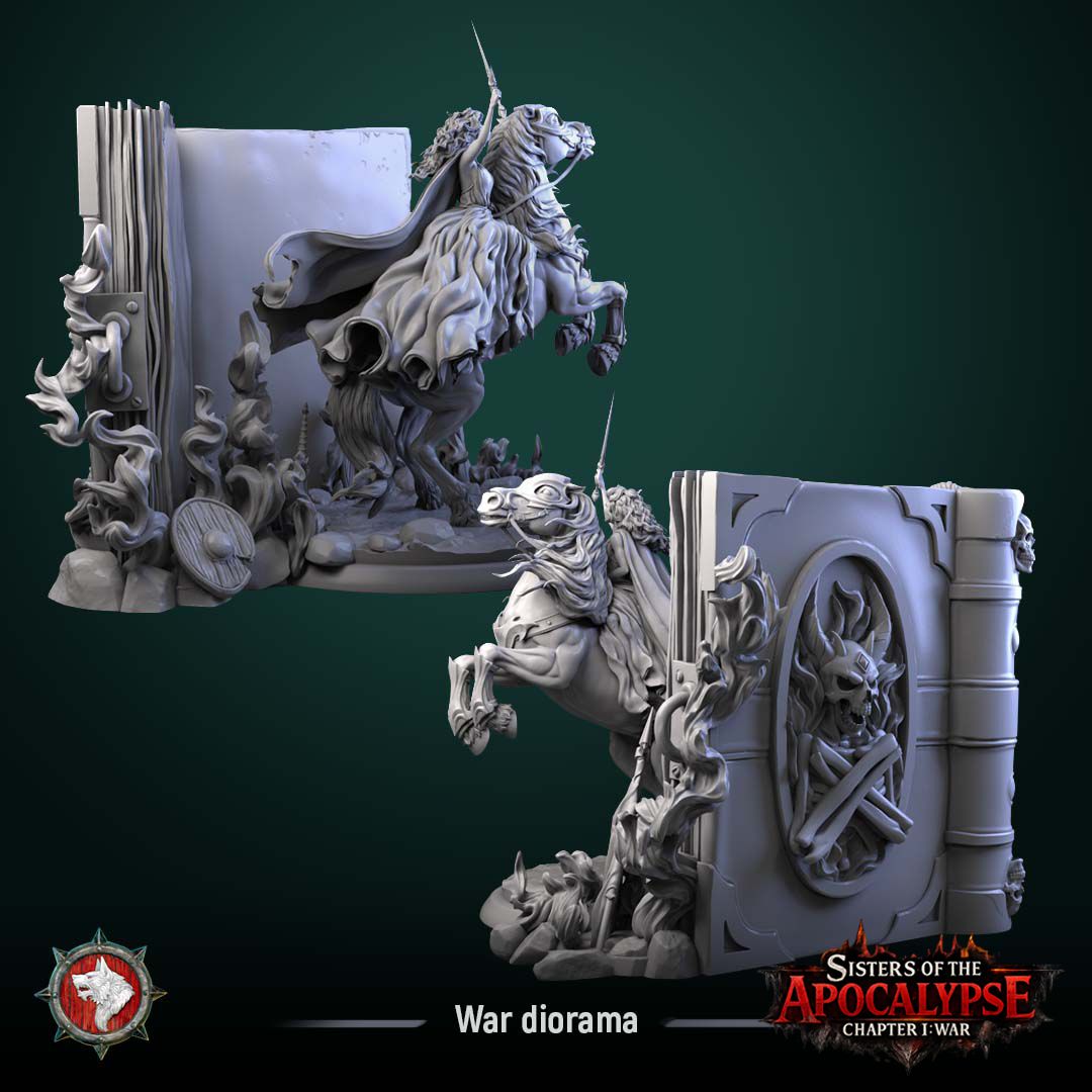 Render of War and the Eternal Tome Diorama | 32-75mm Dark Fantasy Centerpiece: War and the Eternal Tome, a dark-fantasy display diorama from White Werewolf's Sisters of the Apocalypse. 3D printed resin centerpiece, 32mm and 75mm.