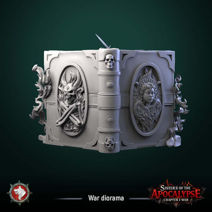 Render of War and the Eternal Tome Diorama | 32-75mm Dark Fantasy Centerpiece: War and the Eternal Tome, a dark-fantasy display diorama from White Werewolf's Sisters of the Apocalypse. 3D printed resin centerpiece, 32mm and 75mm.