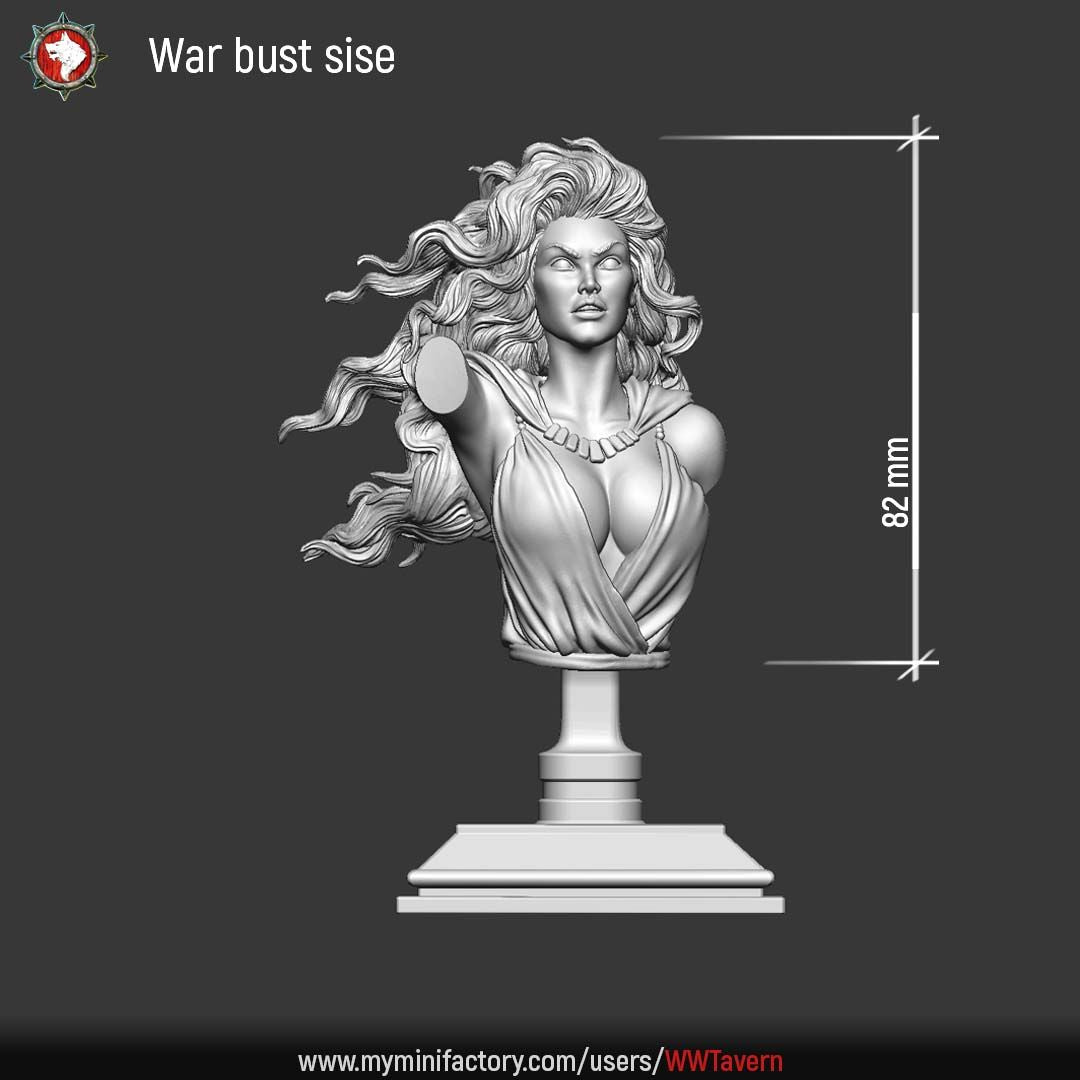 Render of War Bust | Fantasy Female Warrior Pin-Up Bust: A display bust of War, the striking red-haired female warrior of White Werewolf's Sisters of the Apocalypse. Dark-fantasy 3D printed resin pin-up bust.