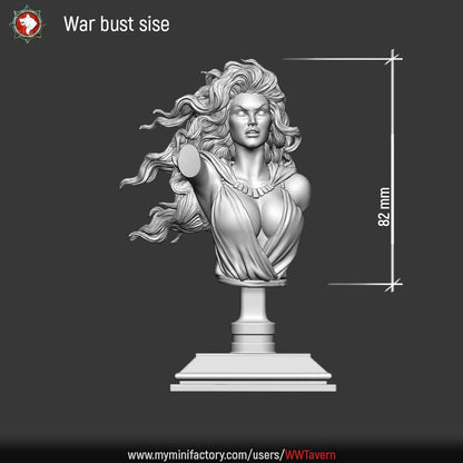 Render of War Bust | Fantasy Female Warrior Pin-Up Bust: A display bust of War, the striking red-haired female warrior of White Werewolf's Sisters of the Apocalypse. Dark-fantasy 3D printed resin pin-up bust.