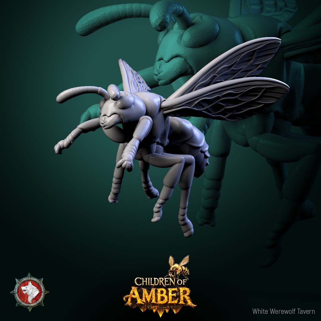 Render of Basing Insects Set | Bee and Wasp Scatter Miniatures: Four giant honeybees, a wasp, and a flower for basing, terrain, and swarm markers, from White Werewolf's Children of Amber. 3D printed resin scatter set.