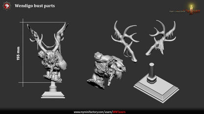 Render of Wendigo Bust | Winter Horror Collector Bust: Antlered wendigo bust with deer-skull face and chained chest, from White Werewolf's The Longest Night. 3D printed resin collector bust with stand.