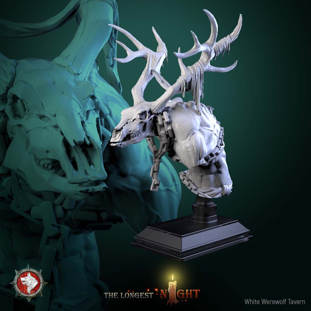Render of Wendigo Bust | Winter Horror Collector Bust: Antlered wendigo bust with deer-skull face and chained chest, from White Werewolf's The Longest Night. 3D printed resin collector bust with stand.