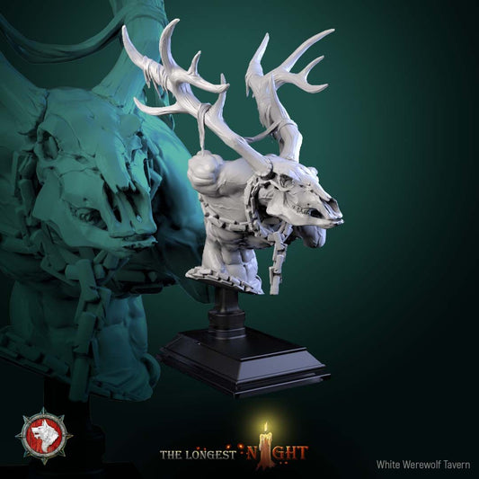 Render of Wendigo Bust | Winter Horror Collector Bust: Antlered wendigo bust with deer-skull face and chained chest, from White Werewolf's The Longest Night. 3D printed resin collector bust with stand.