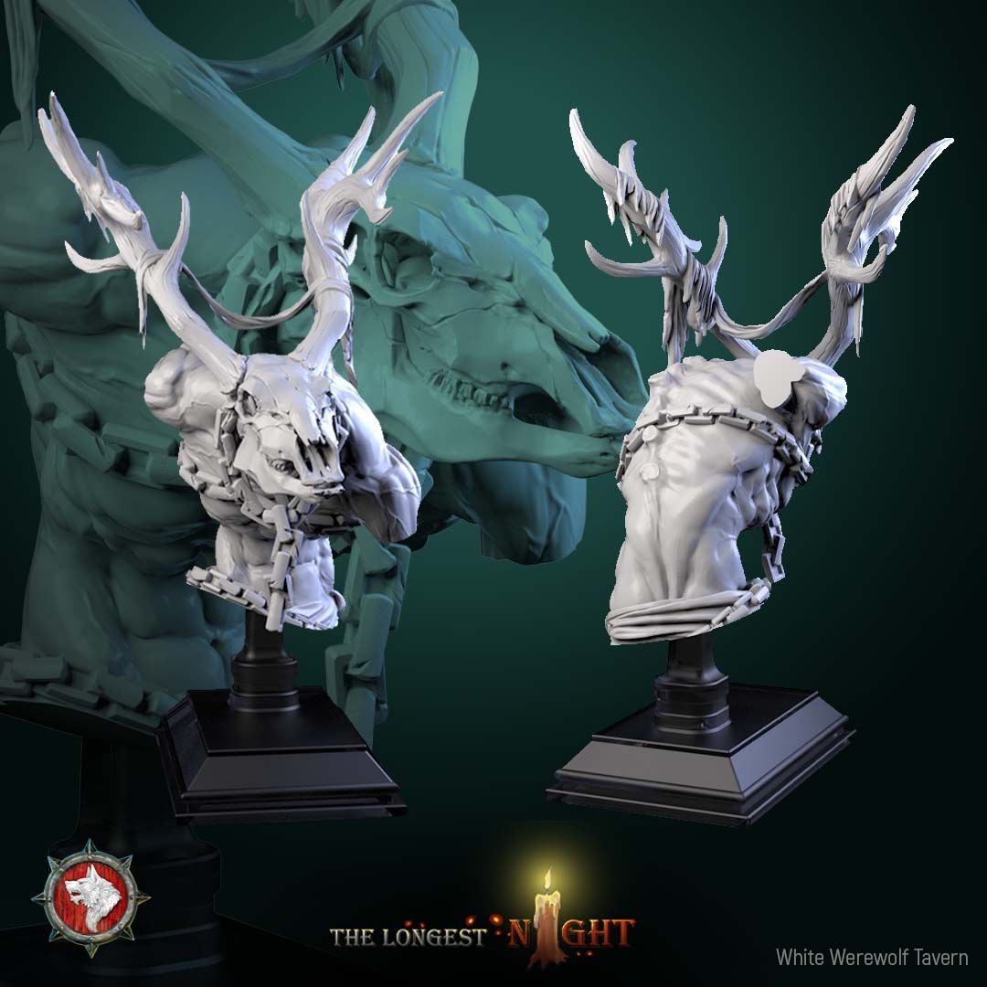Render of Wendigo Bust | Winter Horror Collector Bust: Antlered wendigo bust with deer-skull face and chained chest, from White Werewolf's The Longest Night. 3D printed resin collector bust with stand.