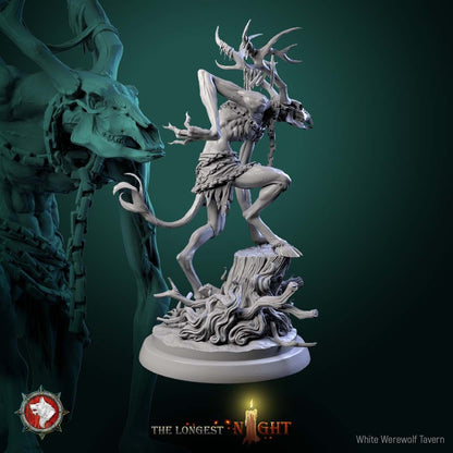 Render of Wendigo | 32-75mm Winter Horror Monster Miniature: Emaciated antlered wendigo with deer-skull face and chained talisman, from White Werewolf's The Longest Night. 32-75mm 3D printed resin monster miniature.